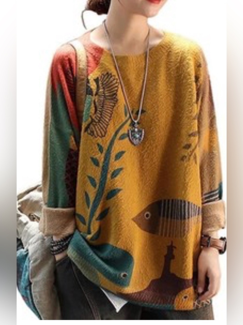 NWOT Women’s Mustard Multicolor Fish Print Cotton/Wool Stretchy Sweater XXL